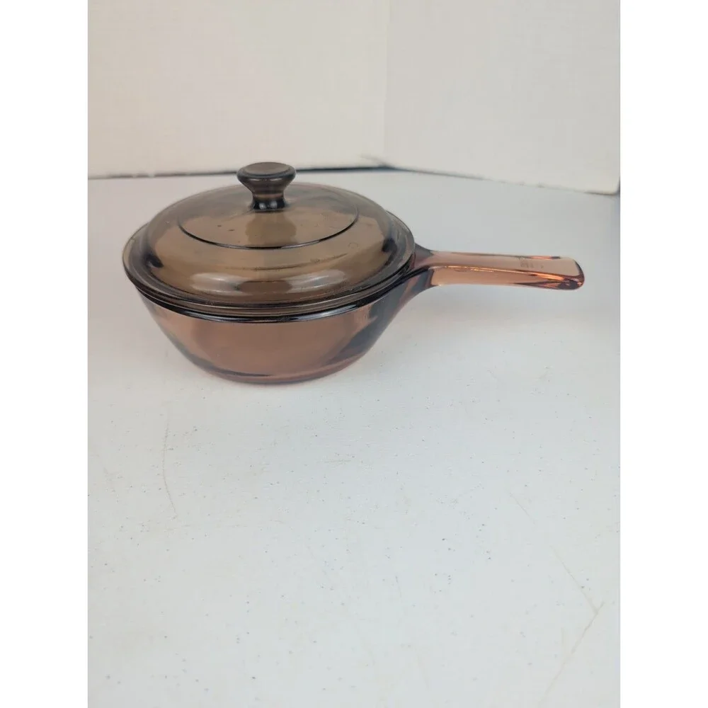 Vintage Vision by Corning Amber Glass 0.5 L Sauce Pan Pot USA W/Pyrex Lid USA